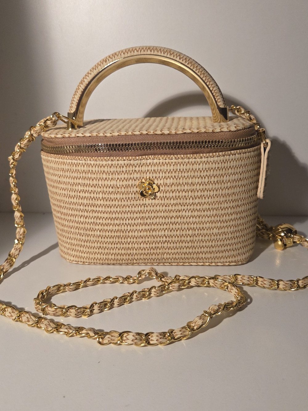 Beige Woven Box Crossbody Bag with Gold Chain and Top Handle